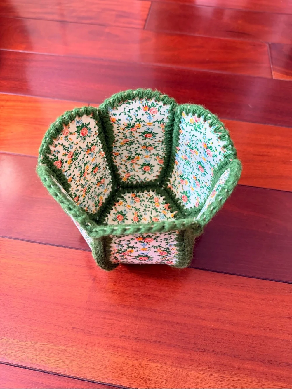 Handmade Hexagonal Floral Fabric Basket w/ Green Yarn Trim Small 6x5